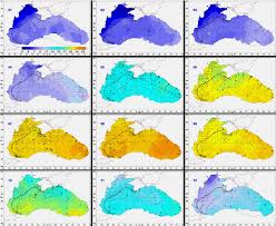 monthly charts of mean sea surface temperature averaged over