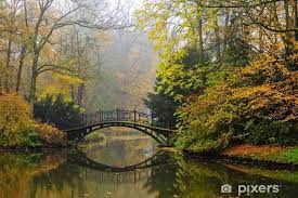 Blackout Window Curtain Scenic View Of Misty Autumn Landscape With Beautiful Old Bridge In The Garden With Red Maple Foliage Pixers Hk