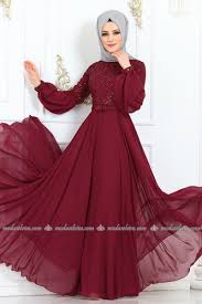 Moda Selvim Kemerli Balon Kol Tesettur Abiye Ech7308 Bordo Ziyafet Elbiseler Resmi Elbise Elbiseler