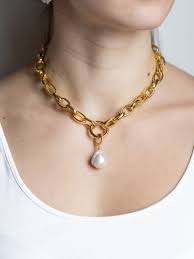 Gold Chunky Chain With Pearl Drop Statement Necklace With Large Baroque Pearl Pendant Contemporary Brutalist Jewelry For Women Chunky Chain Necklaces Elegant Statement Necklace Necklace