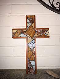 Large Rustic Wooden Cross Copper And Wood Stained Glass Etsy Cross Wall Decor Mosaic Glass Stained Glass Mosaic