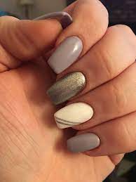 Unique Silver Blue Grey White Acrylic Coffin Square Shaped Nails With Silver Design Silver Nails Beauty Nails Nail Designs