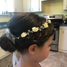 There is a great variety of such hairstyles out there, depending on the length and type of the hair and the available flower accessories. Flower Girl Crown Flower Girl Hair Accessory Ivory Headband Etsy Flower Girl Hair Accessories Vintage Flower Girls Flower Girl Hairstyles