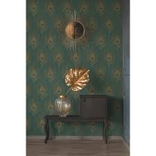 Papier Peint Vinyle Tribeca Plumes Paon Vert Or Leroy Merlin