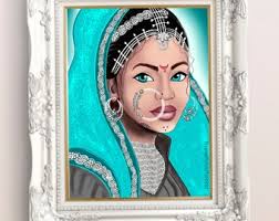 Indian Tribal Women With Blue Eyes & Sky Blue Dupatta Scarf Printable  Portrait Art Illustration I Statement Wall Art I Brown Desi Women Art