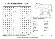 Http Www Activityvillage Co Uk Cattle Breeds Word Search Cattle Breeds Animal Puzzles