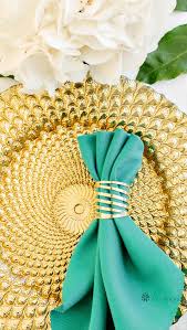 Bold Colorful Place Setting With Embossed Gold Charger Plate And Teal Green Napkin Colorful Place Teal Wedding Colors Gold Wedding Colors Teal Bridal Showers