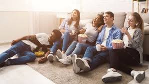 Happy Friends Watching Comedy Movie At Home Inspirational Movies Happy Friends Comedy Movies