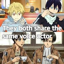 They Both Share The Same Voice Actor Text Fact Yato Yukine Eren Levi Attack On Titan Noragami Crossover Anime Anime Funny Noragami Anime Memes Funny
