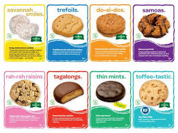 Cookie Cards With Information About Each Cookie Variety Available This Year Great Reference Girl Scout Cookies Booth Girl Scout Cookie List Girl Scout Cookies