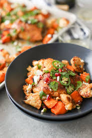 Sheet Pan Chicken Thighs With Cauliflower Sweet Potato And Pomegranate Domesticate Me Recipe Sweet Potato And Cauliflower Recipe Sweet Potato Recipes Pan Chicken Thighs