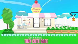 The mansion has two full floors and one half floor featured on its exterior design, as well as a garden with green bushes and small trees in front of it. Tiny Cute Cafe Adopt Me Speed Build House Tour Glitch Build Youtube Adoption Secret House Cute Room Ideas