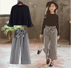 2pcs Teenage Girls Korean Fashion Suit Black Tops Plaids Loose Pants Cotton Sets Ebay Kids Outfits Girls Girl Outfits Kids Dress Wear