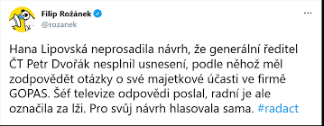 Navíc vzniklo paradigma, že konflikt mezi petrem dvořákem a hanou lipovskou je vlastně bojem za demokracii a svobodu slova. Facebook