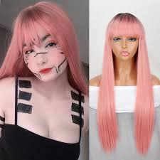 Kaufe MERISIHAIR Rosa Lange Gerade Perücke mit Pony Synthetische  Hitzebeständige Faser Perücken für Frau Mädchen Cosplay Natürliches Haar  zum Preis ab 14