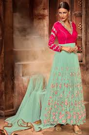 This magnetize gown prettified with beautiful floral print and zari and stone work . Net Designer Partywear Floral Embroidered Anarkali Suit In Sea Green And Pink Colour Online Shopping 550087