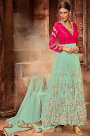Pink chikankari embroidered party wear anarkali suit is designed with absolute perfection to rock any festive occasion or blush pink embroidered anarkali gown is indian wear specifically designed to make you look perfect on festival and weddings. Net Designer Partywear Floral Embroidered Anarkali Suit In Sea Green And Pink Colour Online Shopping 550087