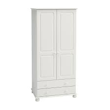 Tall white painted wardrobes with 3 colored melamine shelves on the outside and a child leaning comfortably against one of the doors. Barnaby Tall Wardrobe White 2 Door 2 Drawer Buy Online At Qd Stores