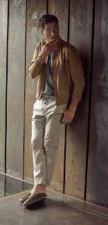 Mango Man With Brown Suede Jacket Gray T Shirt Khaki Trousers Brown Slip On Shoes Model Unknown Fallfas Mens Fashion Casual Mens Outfits Casual Wear For Men