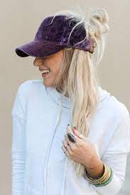 Messy Bun Baseball Cap Violet Velvet Hat Hairstyles Long Hair Styles Baseball Cap Hairstyles