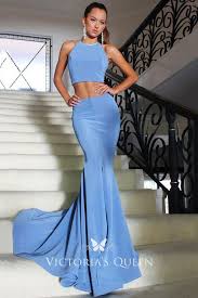 Two Piece Sleeveless Blue Jersey Mermaid Prom Dress