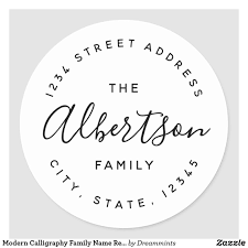 Modern Calligraphy Family Name Return Address Classic Round Sticker Zazzle Com Custom Address Labels Personalized Stickers Labels Custom Sticker Labels