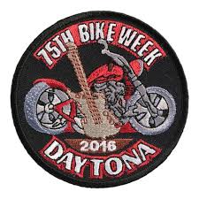 75th Daytona Beach Bike Week 2016 Round Black Event Patch Embroidered In Red And Grey With A Guitar And Motorcycle Con Imagenes