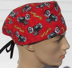 Motorcycle scrub cap, chemo hair loss hat, chef's hat with a cotton terry  cloth sweatband. Handmade in the United States of America.