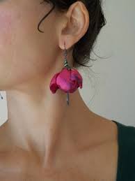 Hot Pink Fabric Flower Earrings Fuchsia Flower Tango Flamenco Bellydance Fairy Earrings Hand Made Unique Flower Earrings Fabric Earrings Fabric Jewelry Diy Earrings