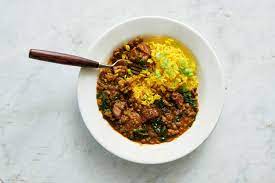 Lentils With Chorizo Greens And Yellow Rice Recipe Recipe Napa Cabbage Recipes Lentils Yellow Rice