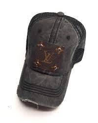 Black Distressed Hat With Upcycled Lv Patch Etsy Distressed Hat Trucker Hat Hats