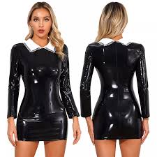 US Womens Sexy Wet Look Leather Bodycon Dress Pencil Latex Nude Dress  Cosplay | eBay
