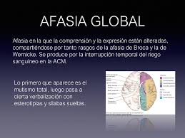 Global aphasia is a severe form of nonfluent aphasia, caused by damage to the left side of the brain, that affects receptive and expressive language skills (needed for both written and oral language) as well as auditory and visual comprehension. Afasia Sesion Clinica Speaker Deck