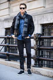 Black Bomber Jacket Outfit Ideas Men Men S Black Bomber Jacket Blue Long Sleeve Shirt Navy Slip On Sneakers Navy Plaid Scarf Sneakers Outfit Men Mens Outfits Black Sneakers Outfit