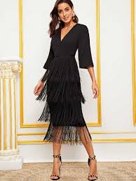 Surplice Neck Layered Fringe Trim Pencil Dress Shein Usa In 2020 Split Hem Dress Belted Lace Dress Fringe Detail Dress
