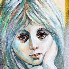 Vintage Mid Century Modern Oil Portrait Blue Girl Flowers Canvas Signed  Medina, Vintage Portrait, Vintage Original Art, Mid Century Art