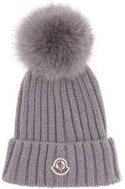 Moncler Fur Trimmed Wool Hat Wool Beanie Wool Hat Knit Blue Beanie Hat