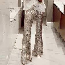 Moda Feminina Brilho Cintura Alta Calcas De Lantejoulas Com Fundo De Sino Wish