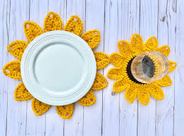 .crochet placemats pattern, crochet placemat, easy placemat, crochet plateemats easy, beginner crochet placemat, crochet tablecloths for beginners, crochet pattern, simple crochet service base, how to crochet placemat, crochet pattern, crochet pattern, knitting plate mat. Sunflower Placemats Crochet Pattern Crafty Kitty Crochet