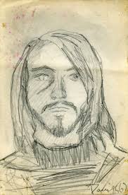 Another restored piece: This was done in 1967, shortly after Paul moved to  San Francisco. The original sketch is shown to the right. Self-portrait.  1967. Pencil sketch