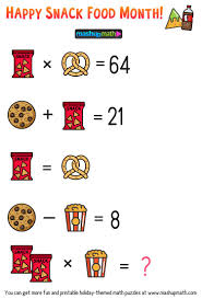 Free Math Brain Teaser Puzzles For Kids In Grades 1 6 To Celebrate Snack Food Month Mashup Math In 2020 Maths Puzzles Free Math Brain Teasers For Kids