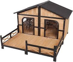 Maybe you would like to learn more about one of these? Amazon Com Pawhut 59 X64 X39 Wood Large Dog House Cabin Style Elevated Pet Shelter W Porch Deck Natural Pet Supplies