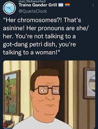 me Retweeted Trains Gander Grill @QuartsClock "Her chromosomes?!  chromosomes That's asinine! Her pronouns are she/ her. You're not talking  to a got-dang petri dish, you're talking to a woman!"