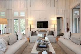 Bright living room with light linen colored sofa and loveseat. Monochromatic Living Room Transitional Living Room Summer House Style