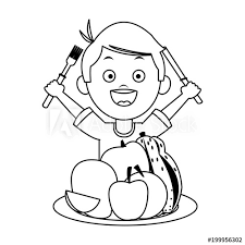 92 transparent png illustrations and cipart matching fruit black and white. Cute Boy Eating Fruits With Cutlery On Black And White Colors Vector Illustration Stock Vector Adobe Stock