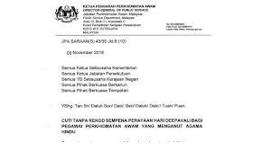 Cuti keagamaan tertakluk kepada maksimum tujuh (7) hari, tidak termasuk hari rehat mingguan, hari kelepasan mingguan dan. Cuti Tanpa Rekod Bagi Penganut Hindu Selepas Deepavali Pendidik2u
