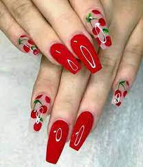 Gemming violet this violet matte finish is a lovely design, complete with matching gems and white petals that can match a variety of outfits. Red Cherry And Nails Image 7033748 On Favim Com