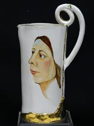 RARE MARY LOU HIGGINS (1926–2012) SCULPTURED FIGURAL PAINTED ART POTTERY  PITCHER