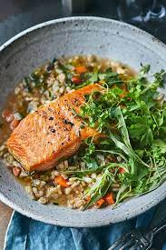 Steelhead Trout With Creamy Barley Herb Salad Recipe Herb Salad Seafood Entrees Delicious Healthy Recipes