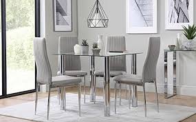 Dimensions table measures 61cm x 61cm square, 50cm height chairs seats are 28cm x 27cm. Nova Square Glass And Chrome Dining Table With 4 Leon Light Grey Leather Chairs Furniture And Choice